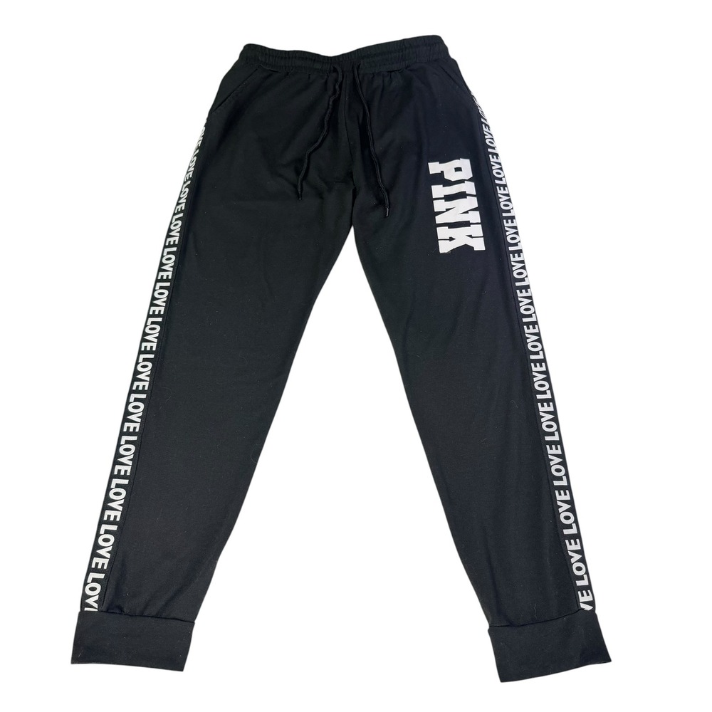 Pink Logo Tape Jogger Sweatpants Black White Graphic Activewear L/XL
